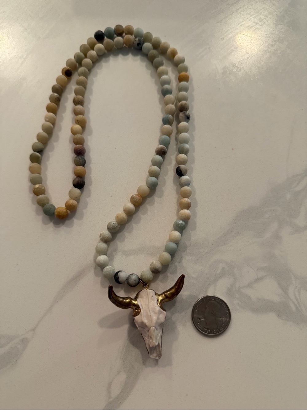 Beaded Neutral Tones Necklace with Bull Skull Pendant